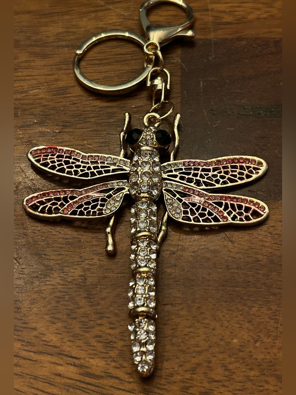 Fashion Jewelry Gold Dragonfly Keychain & Bag Charm w/Pink & Clear Crystals NWT